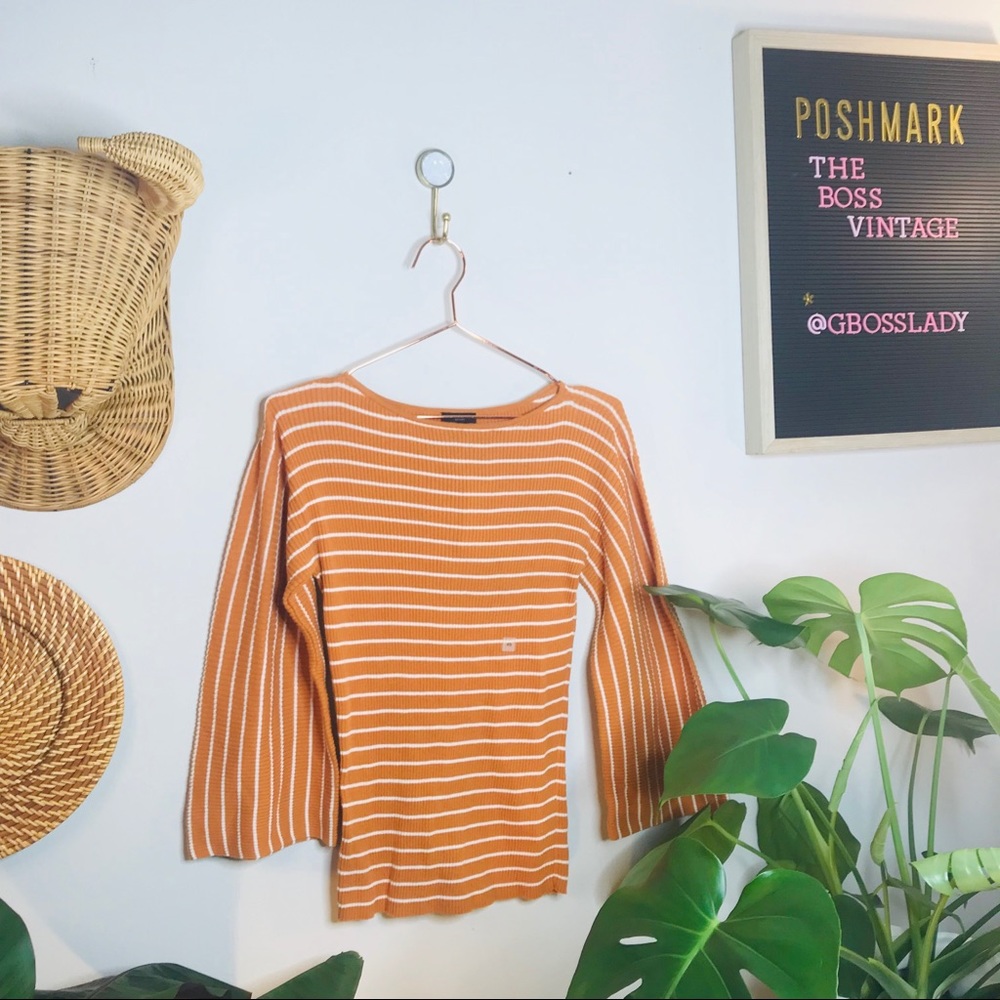 Ann Taylor Ribbed Orange White Bell Sleeve Blouse - Picture 2 of 8